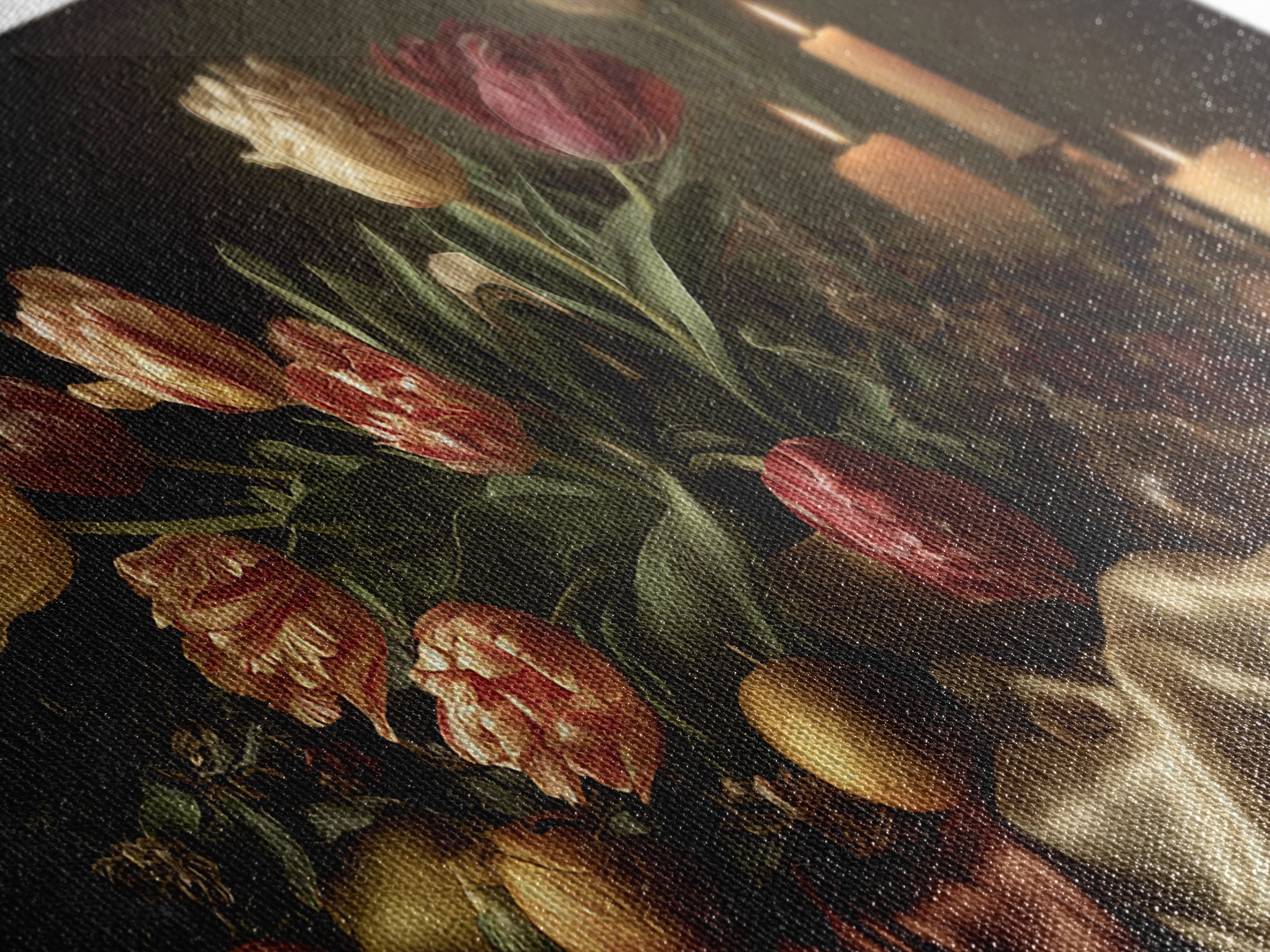 Black Background Tulips Framed Canvas Print, Baroque Art, Decor, Living Room Decor, Oil Painting, Ornate, Moody Wall Art, BAO-2x1-60