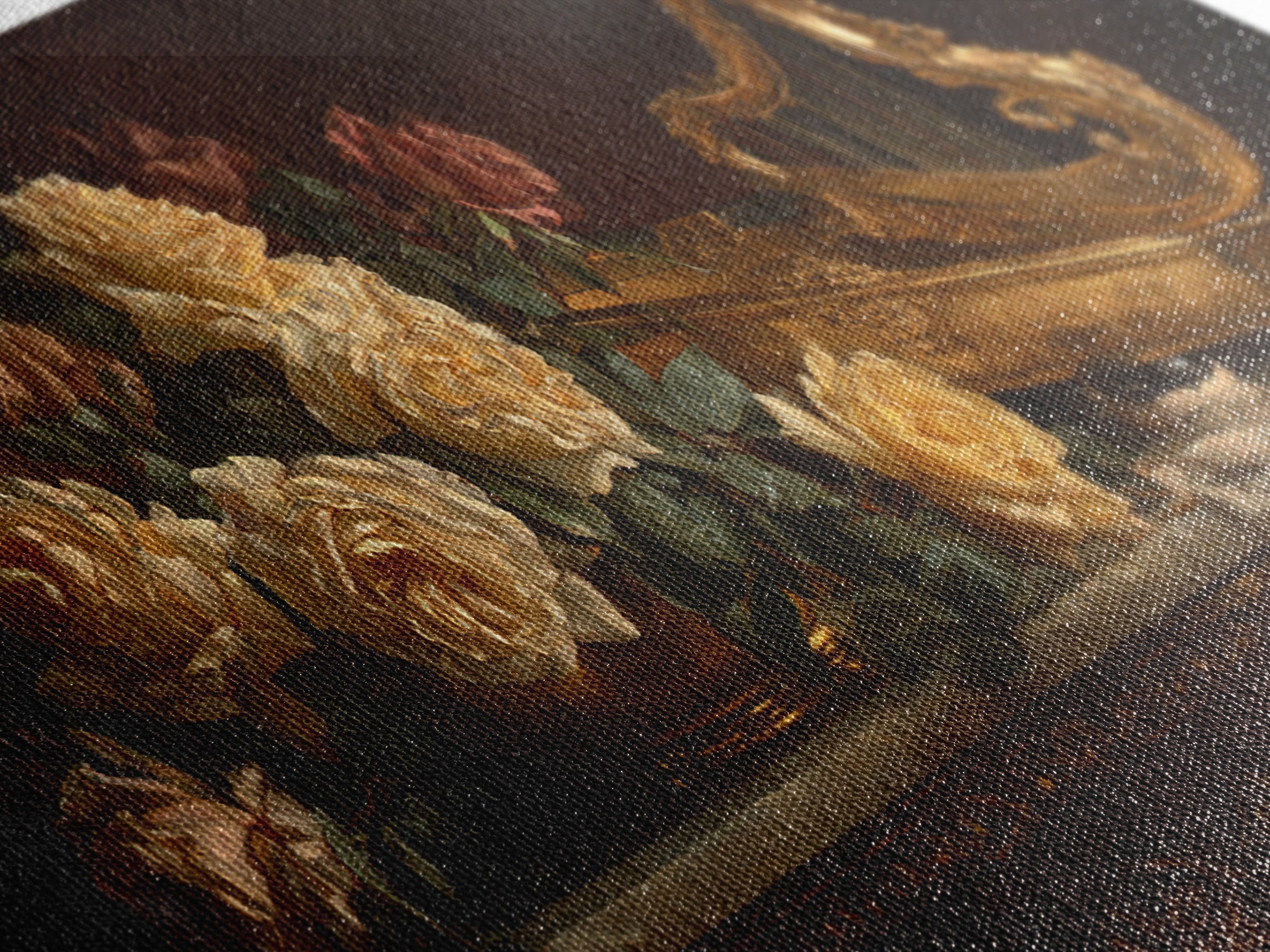 Golden Harp and Roses Canvas Print, Baroque Art, Gallery Decor, Living Room Decor, Oil Painting, Ornate, Minimalist Decor, BAO-2x1-62