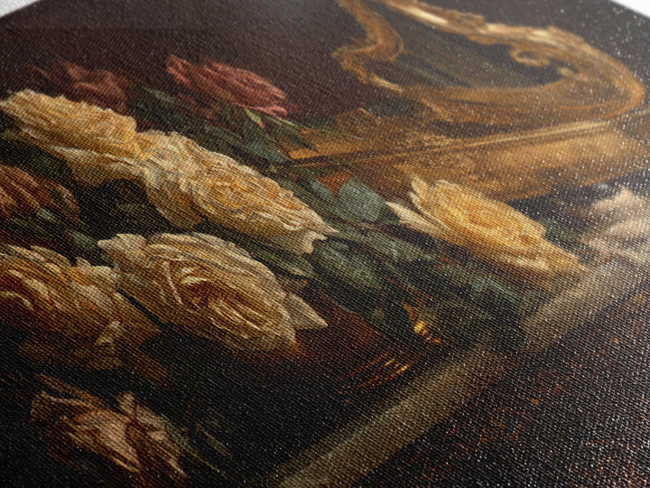 Golden Harp and Roses Canvas Print, Baroque Art, Gallery Decor, Living Room Decor, Oil Painting, Ornate, Minimalist Decor, BAO-2x1-62