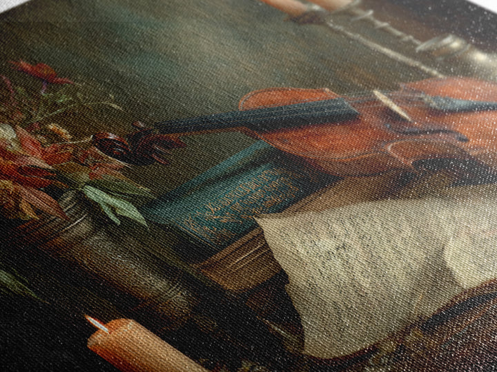 Baroque Violin and Sheet Music Still Life Framed Canvas Print, Baroque Art, Textured Painting, Living Room Decor, Ornate, BAO-2x1-7
