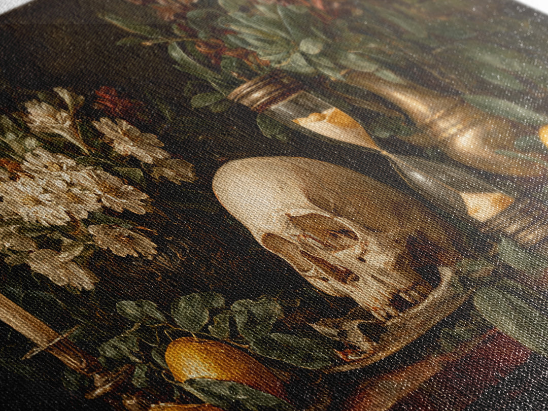 Skull and Hourglass Vanitas Still Life Canvas Print, Baroque Art, Luxury Decor, Living Room Decor, Ornate, Oil Painting, BAO-2x1-73