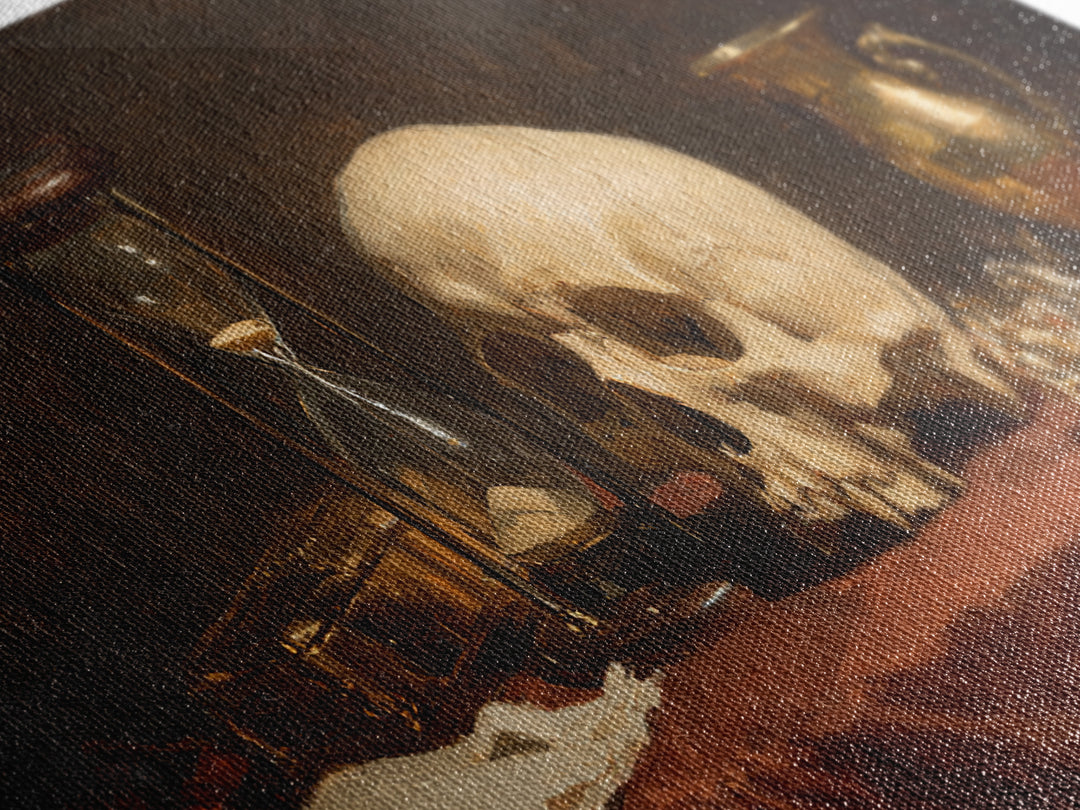 Skull and Hourglass Vanitas Still Life Framed Canvas Print, Baroque Art, Contemporary Art, Living Room Decor, Fine Art, Ornate, BAO-2x1-97