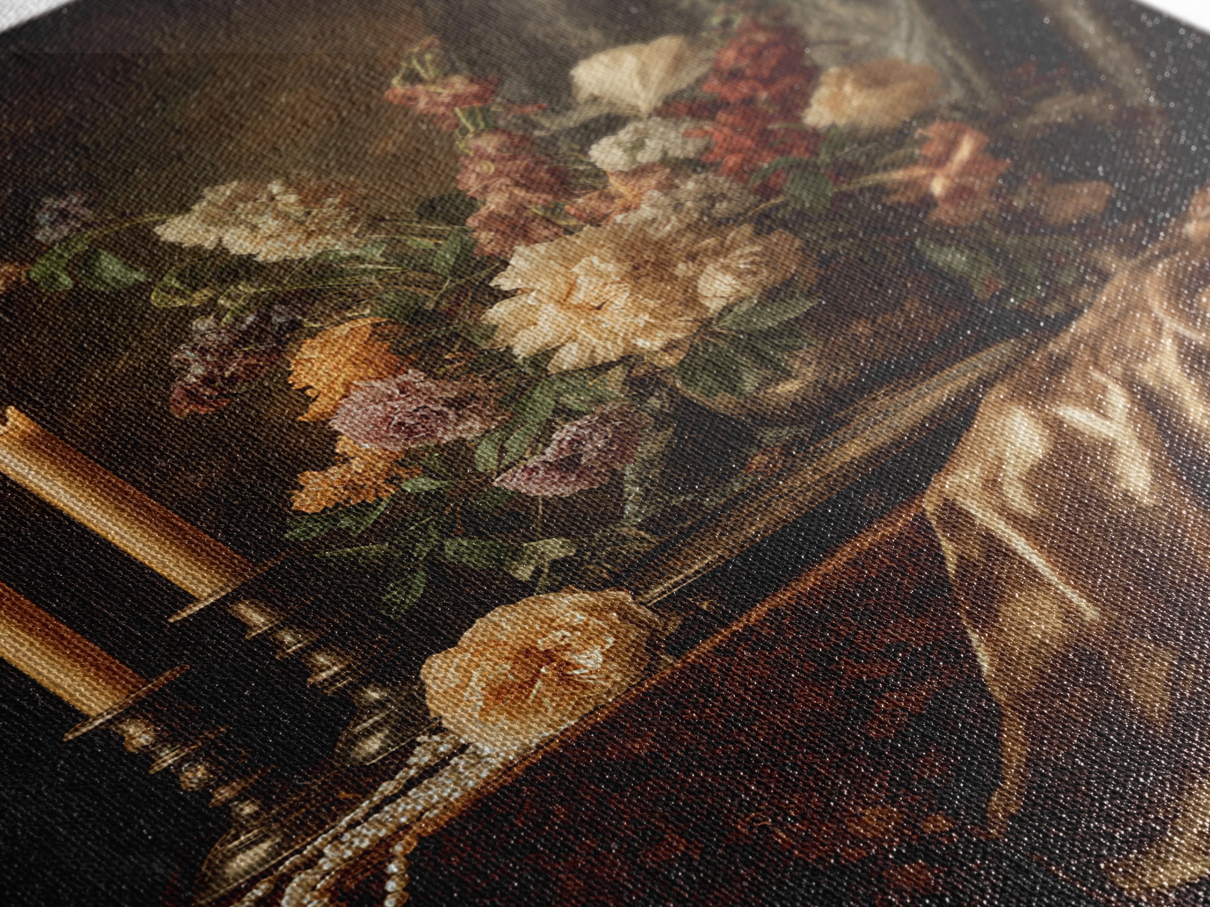Velvet Drapery with Pearls Flowers and Candlelight Canvas Print, Baroque Art, Printable Art, Living Room Decor, Ornate, BAO-2x3-11