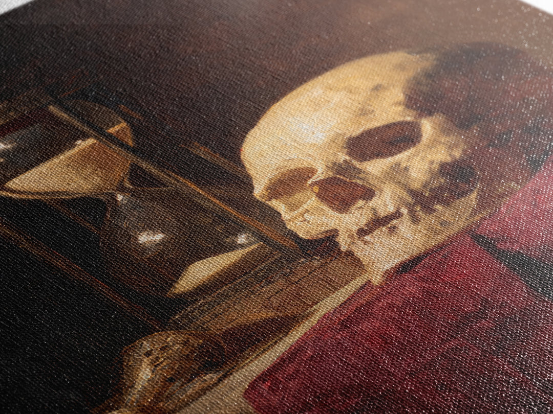 Skull and Hourglass Vanitas Still Life Framed Canvas Print, Baroque Art, Neutral Decor, Living Room Decor, Fine Art, Ornate, BAO-2x3-13