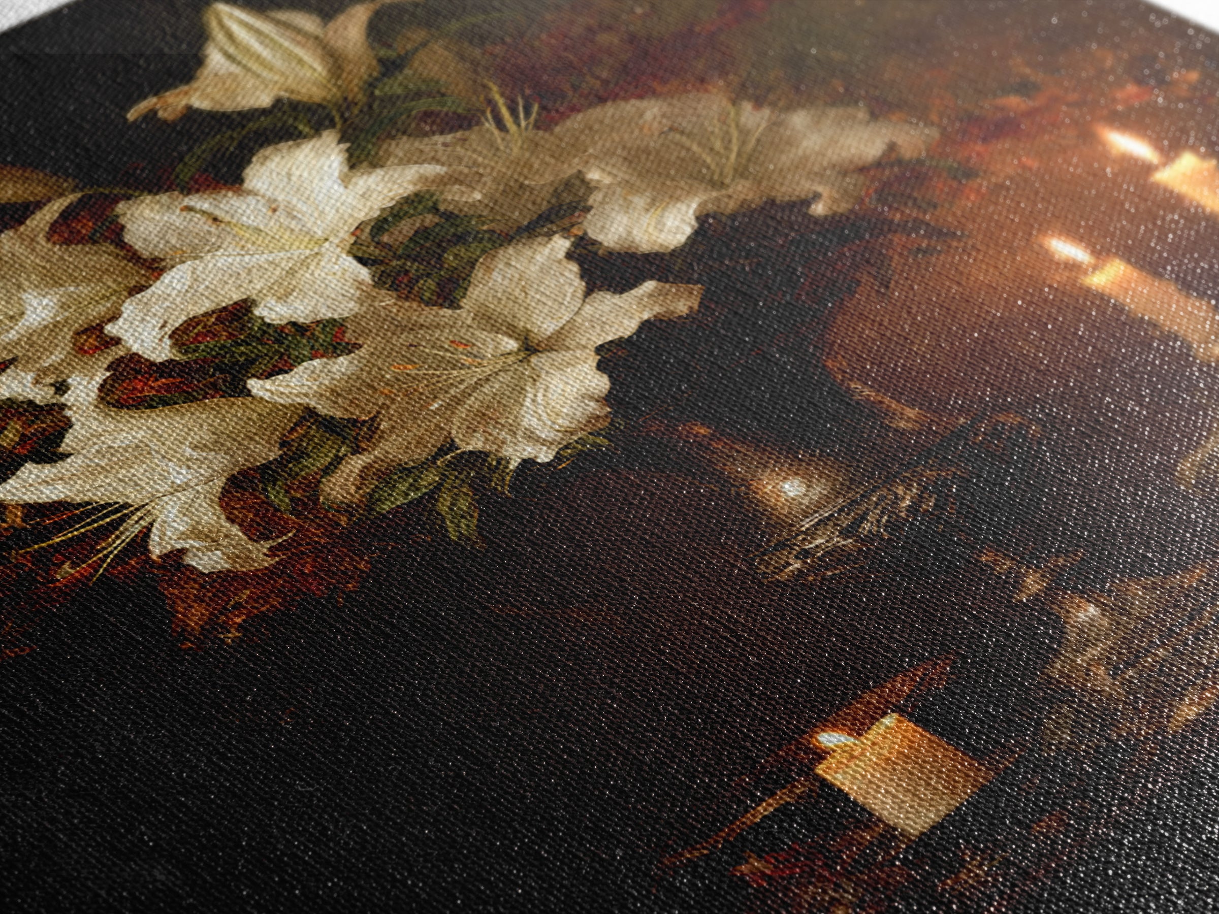 Dramatic White Lilies Framed Canvas Print, Baroque Art, Modern Decor, Living Room Decor, Oil Painting, Ornate, Poster, BAO-2x3-20