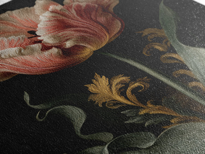 Black Background Tulips Framed Canvas Print, Baroque Art, Oil Painting, Living Room Decor, Fine Art, Ornate, Eclectic Wall Art, BAO-2x3-24