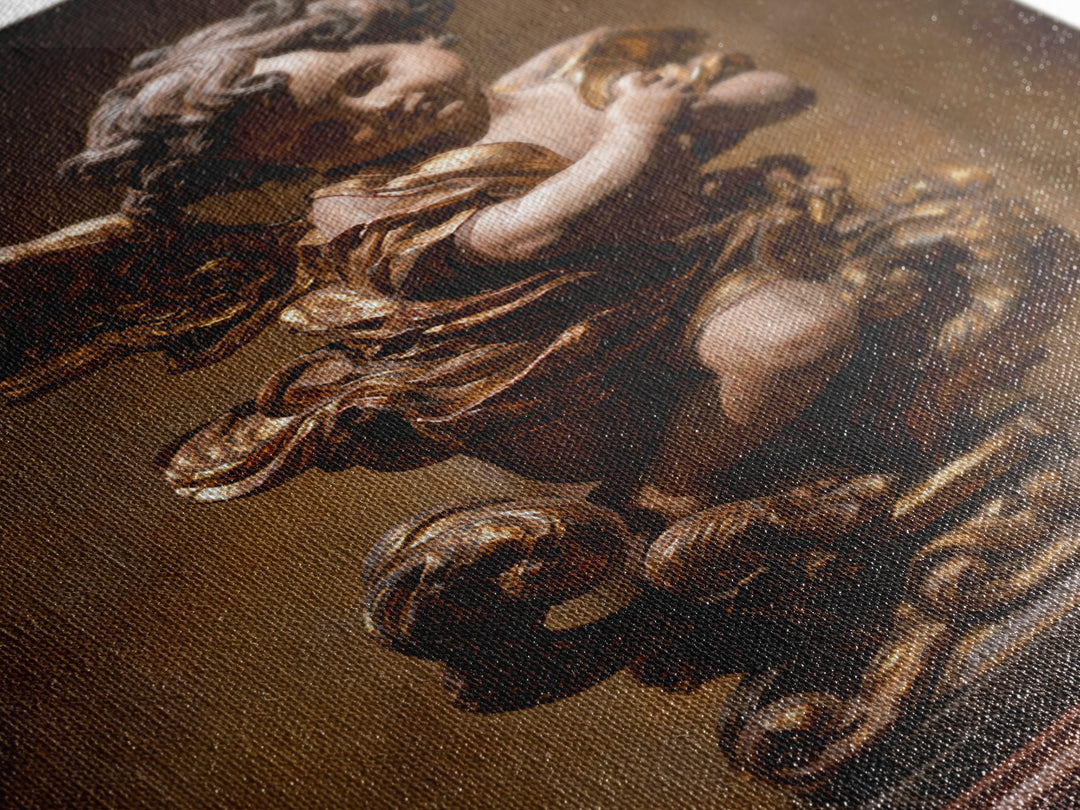 Ornate Cherub Figure Surrounded by Clouds and Framed Canvas Print, Baroque Art, Neutral Decor, Living Room Decor, Oil Painting, BAO-2x3-34