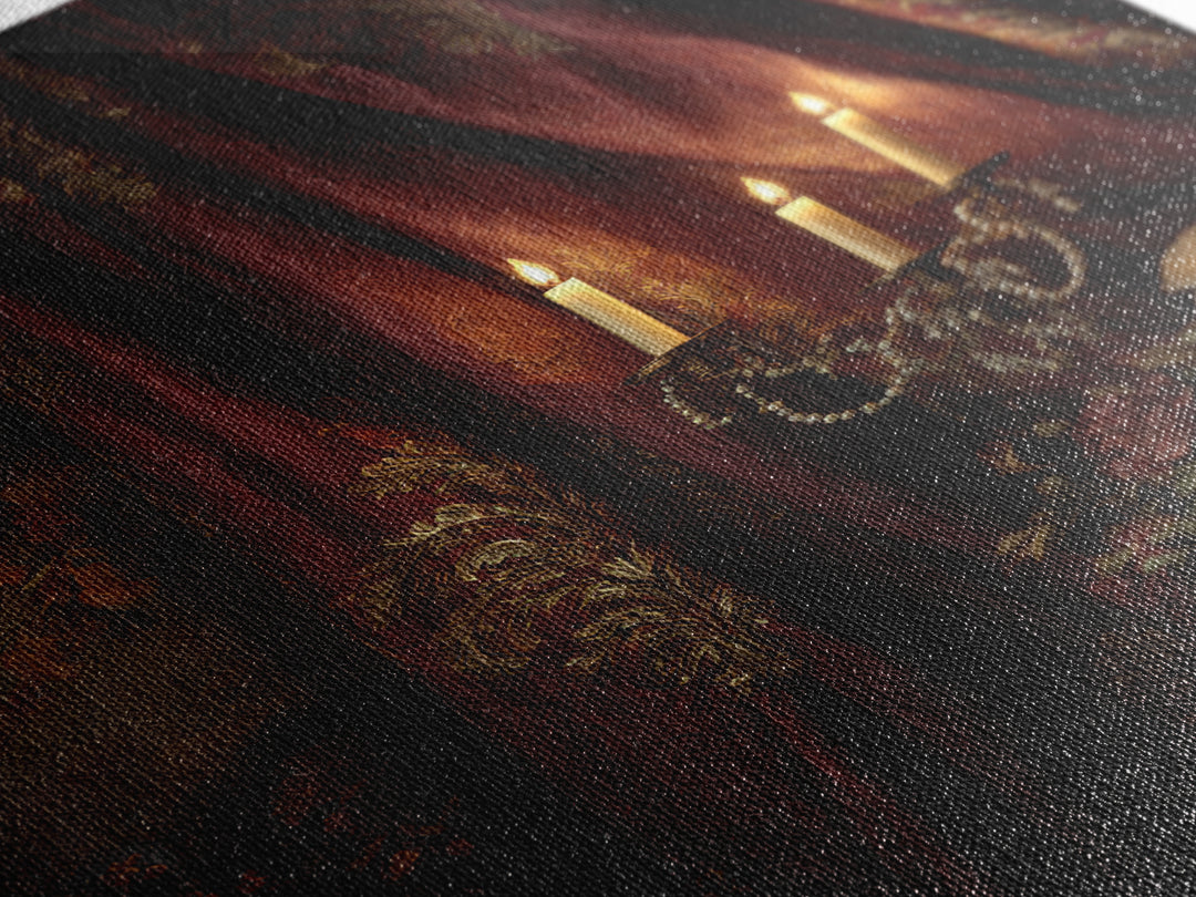 Velvet Drapery with Pearls Flowers and Candlelight Canvas Print, Baroque Art, Portrait Painting, Living Room Decor, Ornate, BAO-2x3-35