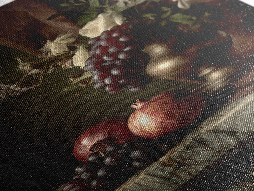 Pomegranate and Grapes on a Marble Ledge Canvas Print, Baroque Art, Moody Wall Art, Living Room Decor, Fine Art, Ornate, BAO-2x3-40