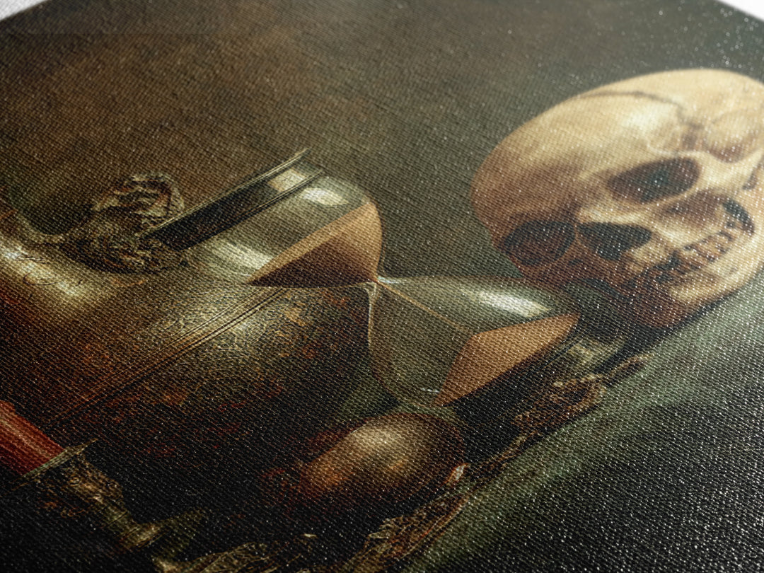 Skull and Hourglass Vanitas Still Life Canvas Print, Baroque Art, Luxury Decor, Living Room Decor, Ornate, Oil Painting, BAO-2x3-61