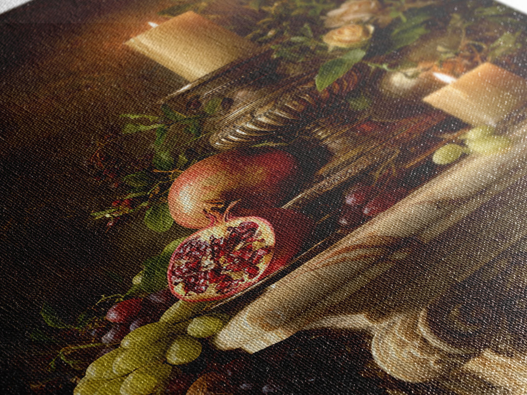 Pomegranate and Grapes on a Marble Ledge Framed Canvas Print, Baroque Art, Dark Academia Art, Living Room Decor, Ornate, BAO-2x3-64