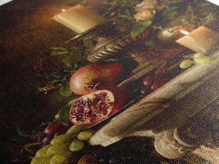 Pomegranate and Grapes on a Marble Ledge Framed Canvas Print, Baroque Art, Dark Academia Art, Living Room Decor, Ornate, BAO-2x3-64