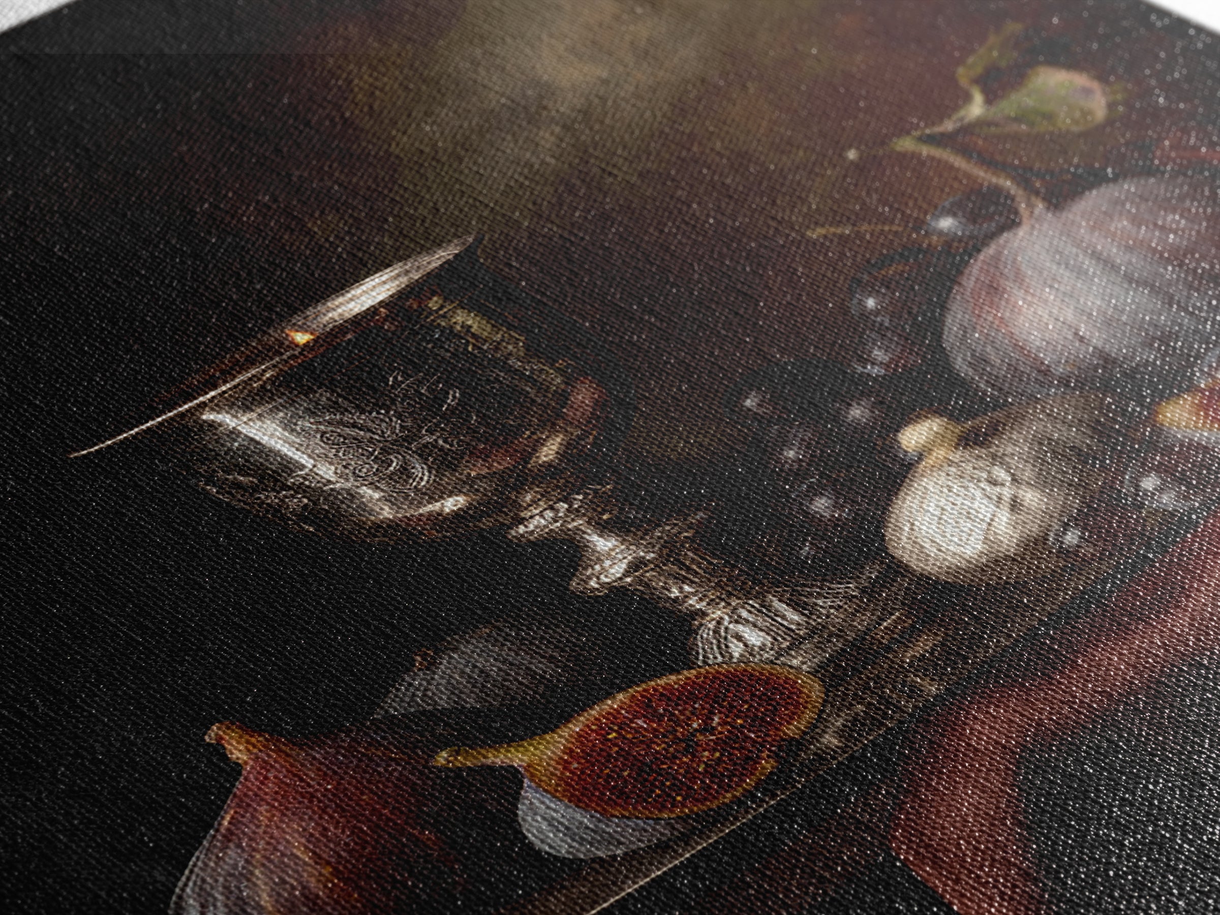 Candlelit Table with Silver Goblet and Figs Framed Canvas Print, Baroque Art, Room Decor, Living Room Decor, Fine Art, Ornate, BAO-2x3-69