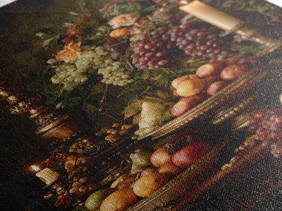 Lavish Banquet Fruit Composition Framed Canvas Print, Baroque Art, Textured Painting, Living Room Decor, Fine Art, Ornate, BAO-2x3-76