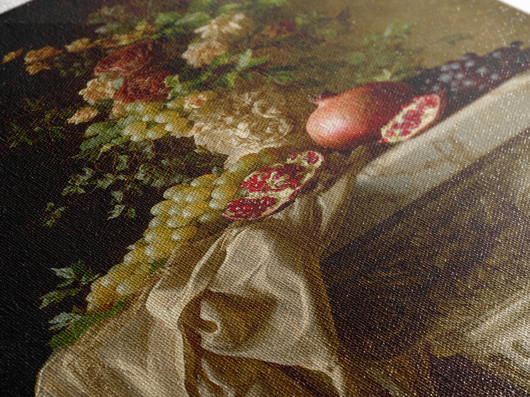 Pomegranate and Grapes on a Marble Ledge Framed Canvas Print, Baroque Art, Neutral Decor, Living Room Decor, Fine Art, Ornate, BAO-2x3-88