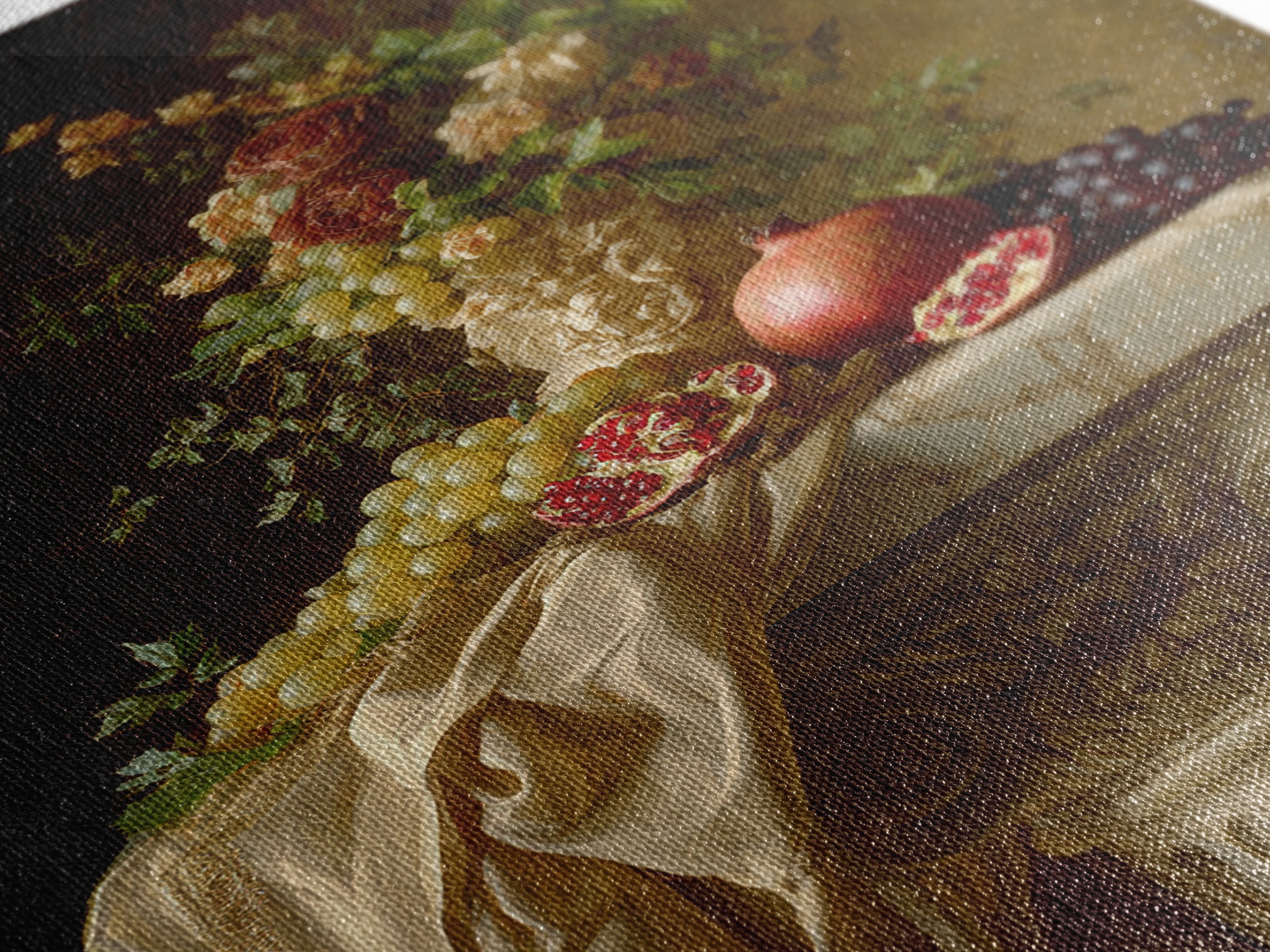 Pomegranate and Grapes on a Marble Ledge Framed Canvas Print, Baroque Art, Neutral Decor, Living Room Decor, Fine Art, Ornate, BAO-2x3-88