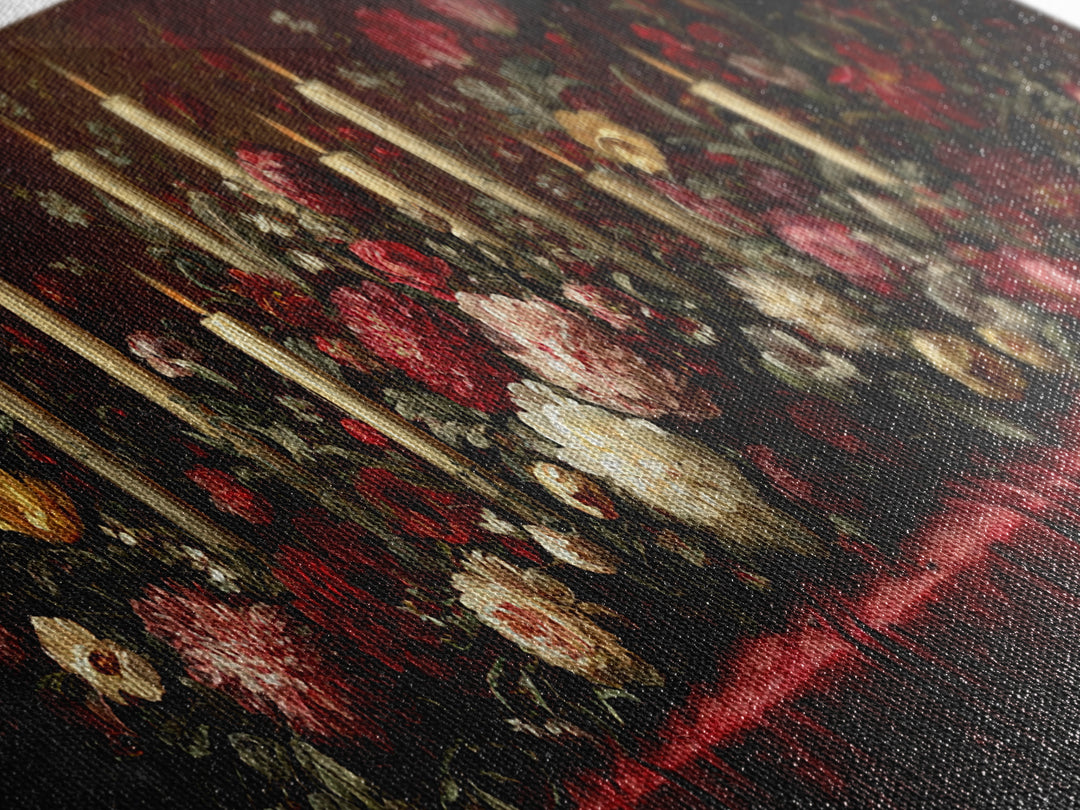 Velvet Drapery with Pearls Flowers and Candlelight Canvas Print, Baroque Art, Portrait Painting, Living Room Decor, Ornate, BAO-3x1-91