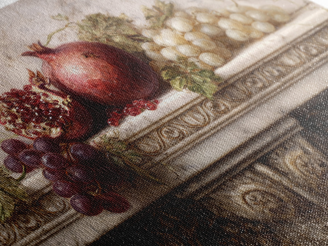 Pomegranate and Grapes on a Marble Ledge Canvas Print, Baroque Art, Luxury Decor, Living Room Decor, Fine Art, Ornate, BAO-3x2-12