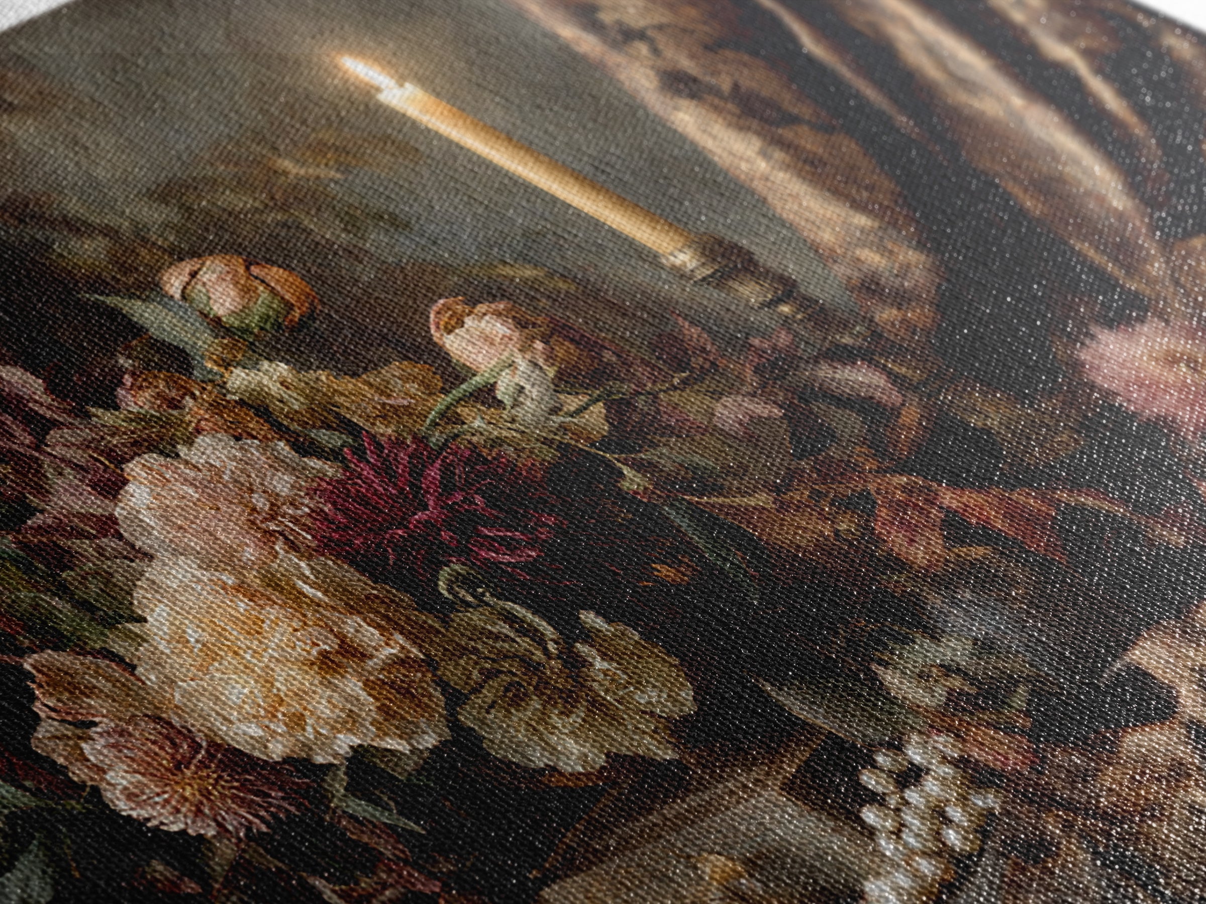 Velvet Drapery with Pearls Flowers and Candlelight Framed Canvas Print, Baroque Art, Painting, Living Room Decor, Ornate, BAO-3x2-31