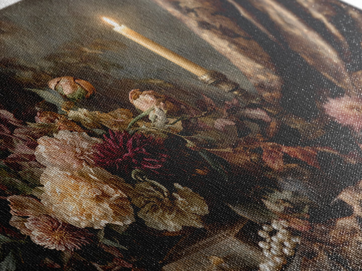 Velvet Drapery with Pearls Flowers and Candlelight Framed Canvas Print, Baroque Art, Painting, Living Room Decor, Ornate, BAO-3x2-31