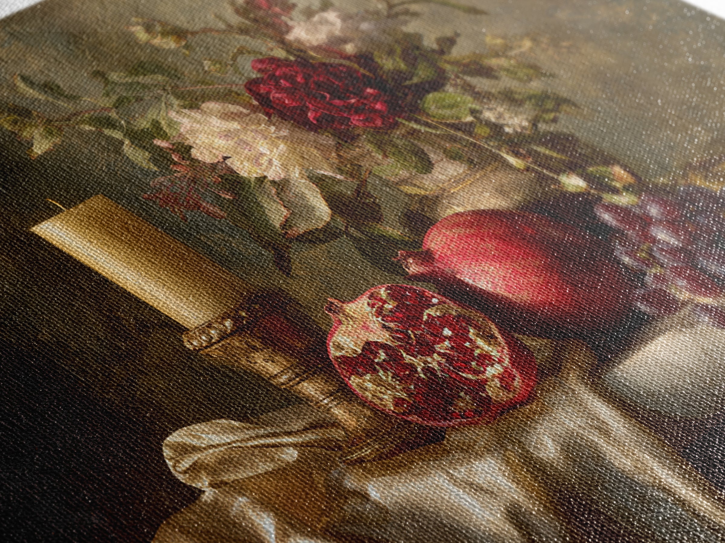 Pomegranate and Grapes on a Marble Ledge Framed Canvas Print, Baroque Art, Contemporary Art, Living Room Decor, Ornate, BAO-3x2-36