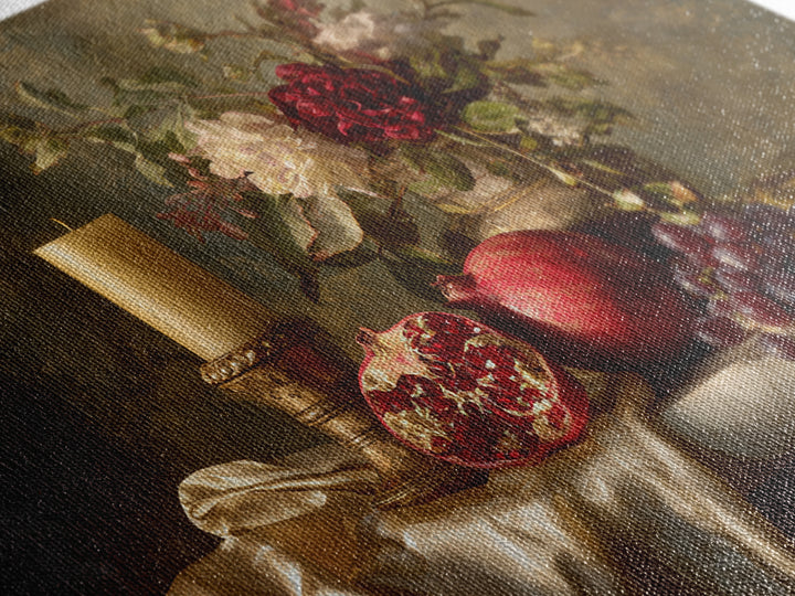 Pomegranate and Grapes on a Marble Ledge Framed Canvas Print, Baroque Art, Contemporary Art, Living Room Decor, Ornate, BAO-3x2-36
