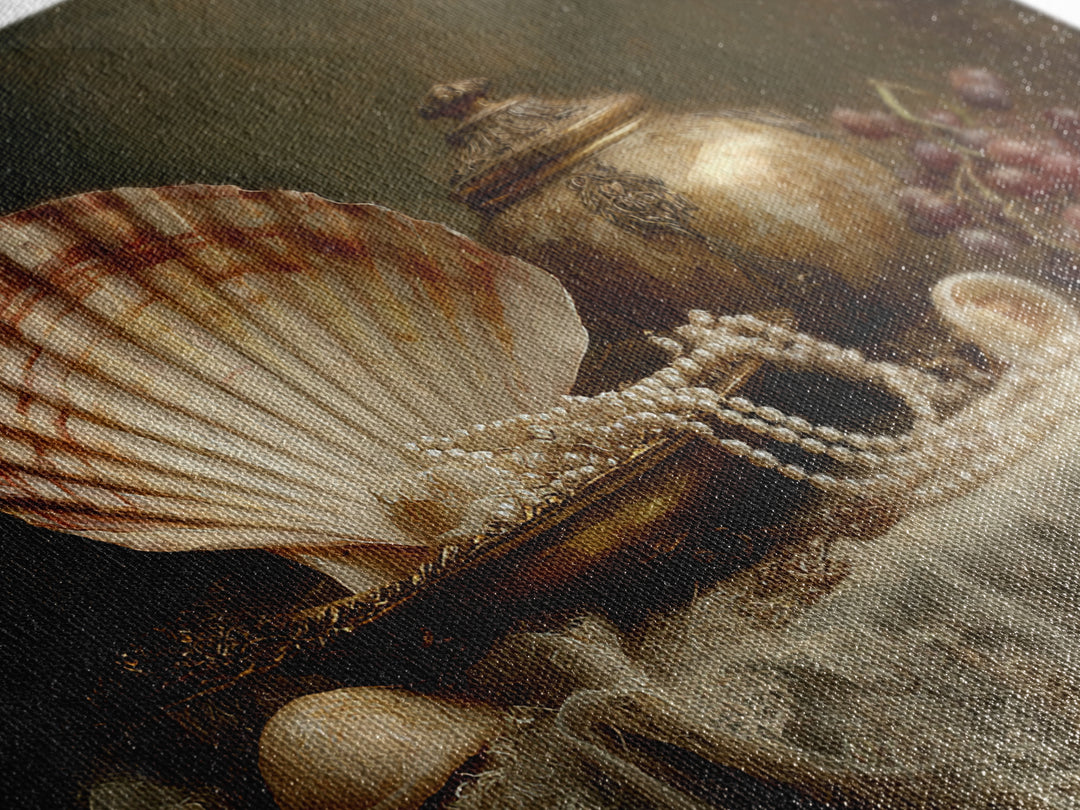 Ornamental Shell and Pearl Composition Framed Canvas Print, Baroque Art, Decor, Living Room Decor, Oil Painting, Ornate, BAO-3x2-50