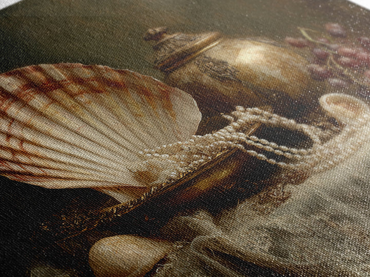 Ornamental Shell and Pearl Composition Framed Canvas Print, Baroque Art, Decor, Living Room Decor, Oil Painting, Ornate, BAO-3x2-50
