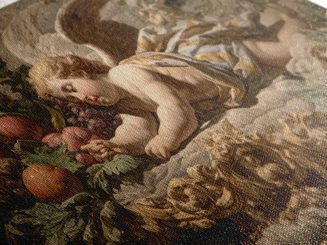 Ornate Cherub Figure Surrounded by Clouds and Framed Canvas Print, Baroque Art, Contemporary Art, Living Room Decor, Ornate, BAO-3x2-6