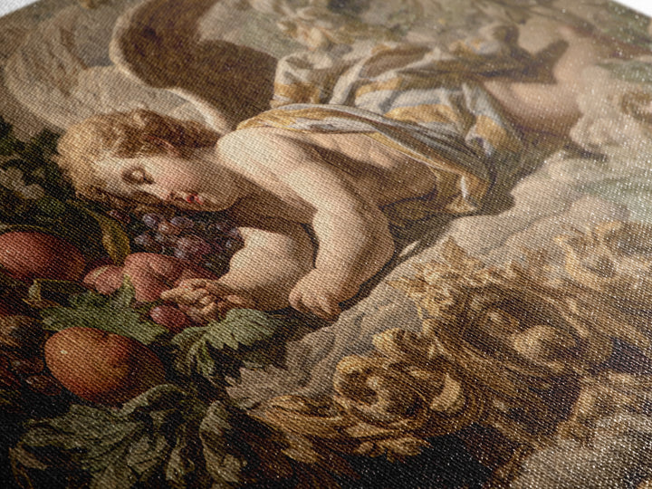 Ornate Cherub Figure Surrounded by Clouds and Framed Canvas Print, Baroque Art, Contemporary Art, Living Room Decor, Ornate, BAO-3x2-6