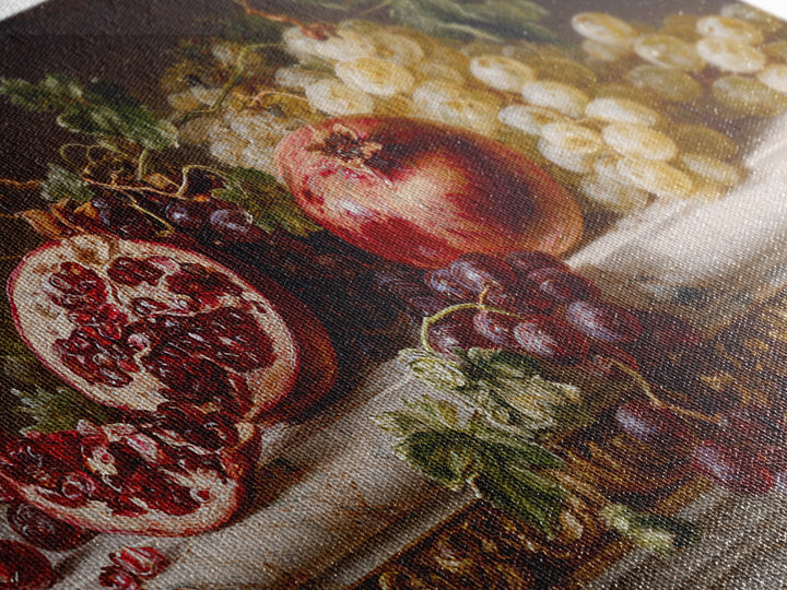 Pomegranate and Grapes on a Marble Ledge Framed Canvas Print, Baroque Art, Whimsical Decor, Living Room Decor, Fine Art, Ornate, BAO-3x2-60