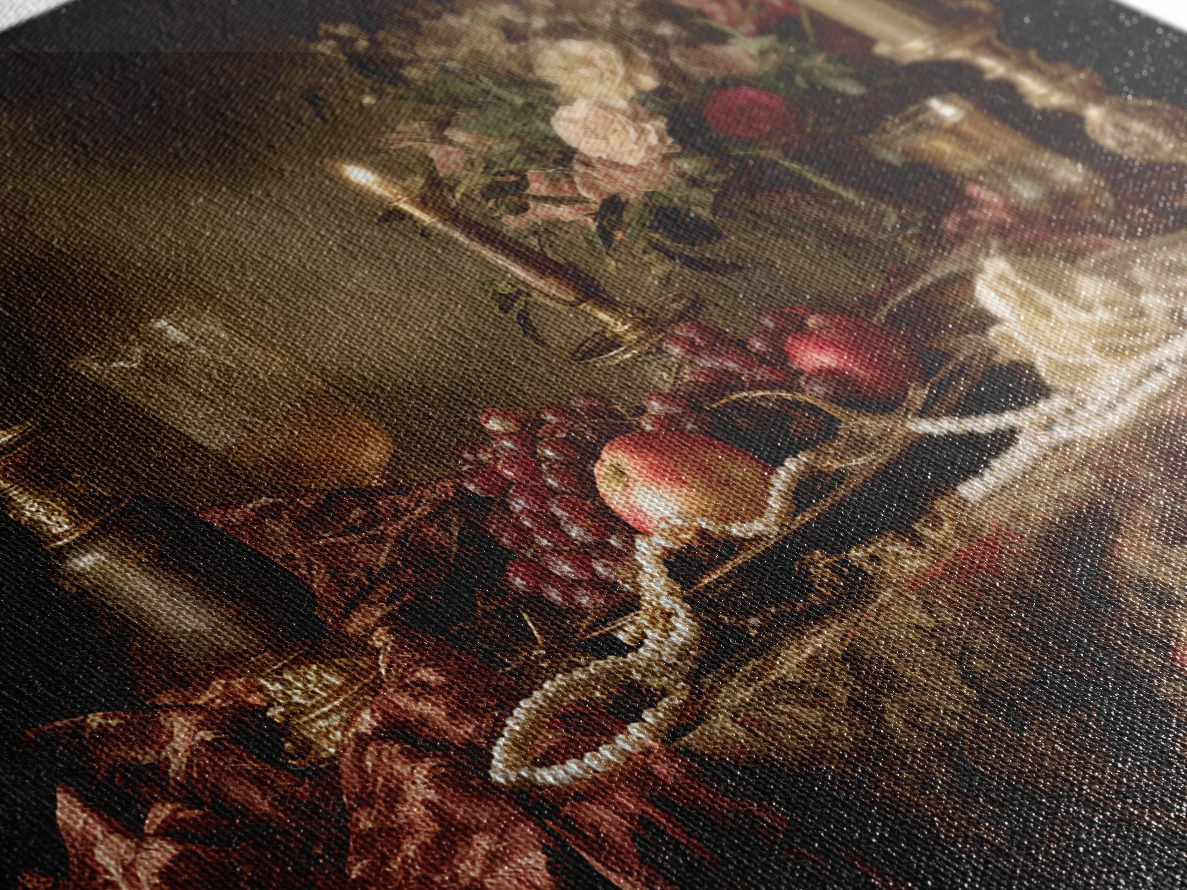 Velvet Drapery with Pearls Flowers and Candlelight Canvas Print, Baroque Art, Maximalist Wall Art, Living Room Decor, Ornate, BAO-3x2-7