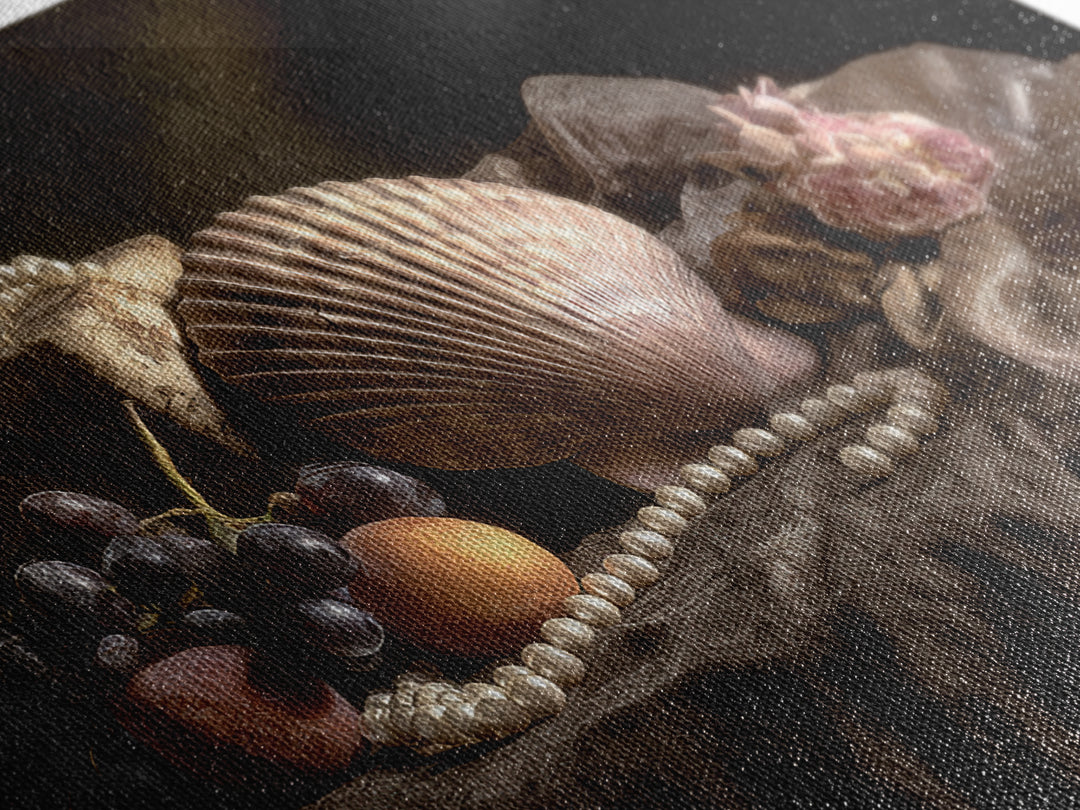 Ornamental Shell and Pearl Composition Framed Canvas Print, Baroque Art, Decor, Living Room Decor, Oil Painting, Ornate, BAO-3x2-74