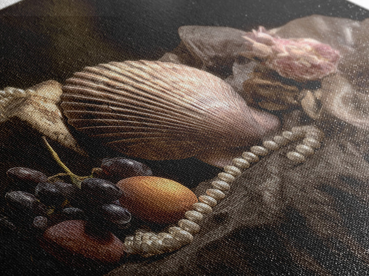 Ornamental Shell and Pearl Composition Framed Canvas Print, Baroque Art, Decor, Living Room Decor, Oil Painting, Ornate, BAO-3x2-74