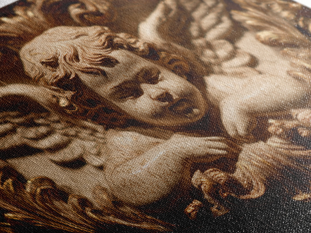 Ornate Cherub Figure Surrounded by Clouds and Framed Canvas Print, Baroque Art, Whimsical Decor, Living Room Decor, Ornate, BAO-3x2-78