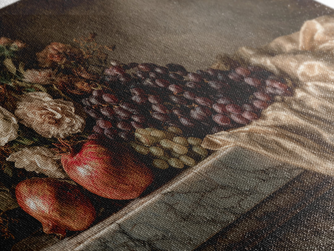 Pomegranate and Grapes on a Marble Ledge Canvas Print, Baroque Art, Moody Wall Art, Living Room Decor, Fine Art, Ornate, BAO-3x2-84