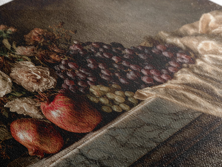 Pomegranate and Grapes on a Marble Ledge Canvas Print, Baroque Art, Moody Wall Art, Living Room Decor, Fine Art, Ornate, BAO-3x2-84