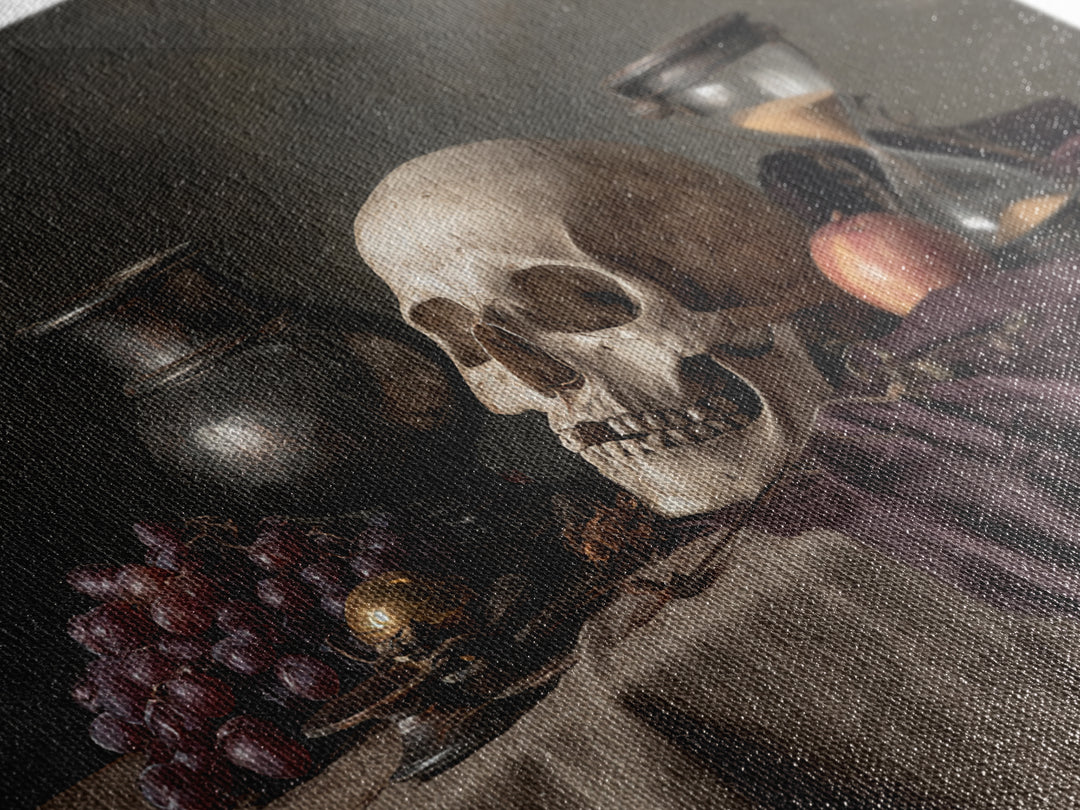 Skull and Hourglass Vanitas Still Life Framed Canvas Print, Baroque Art, Contemporary Art, Living Room Decor, Fine Art, Ornate, BAO-3x2-9