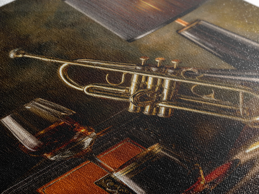 Moody Jazz Trumpet Beside a Half Full Canvas Print, Bar Art, Bar Signs, Bar Decor, Fine Art, Modern Decor, Fine Art Print, BAR-1x1-18