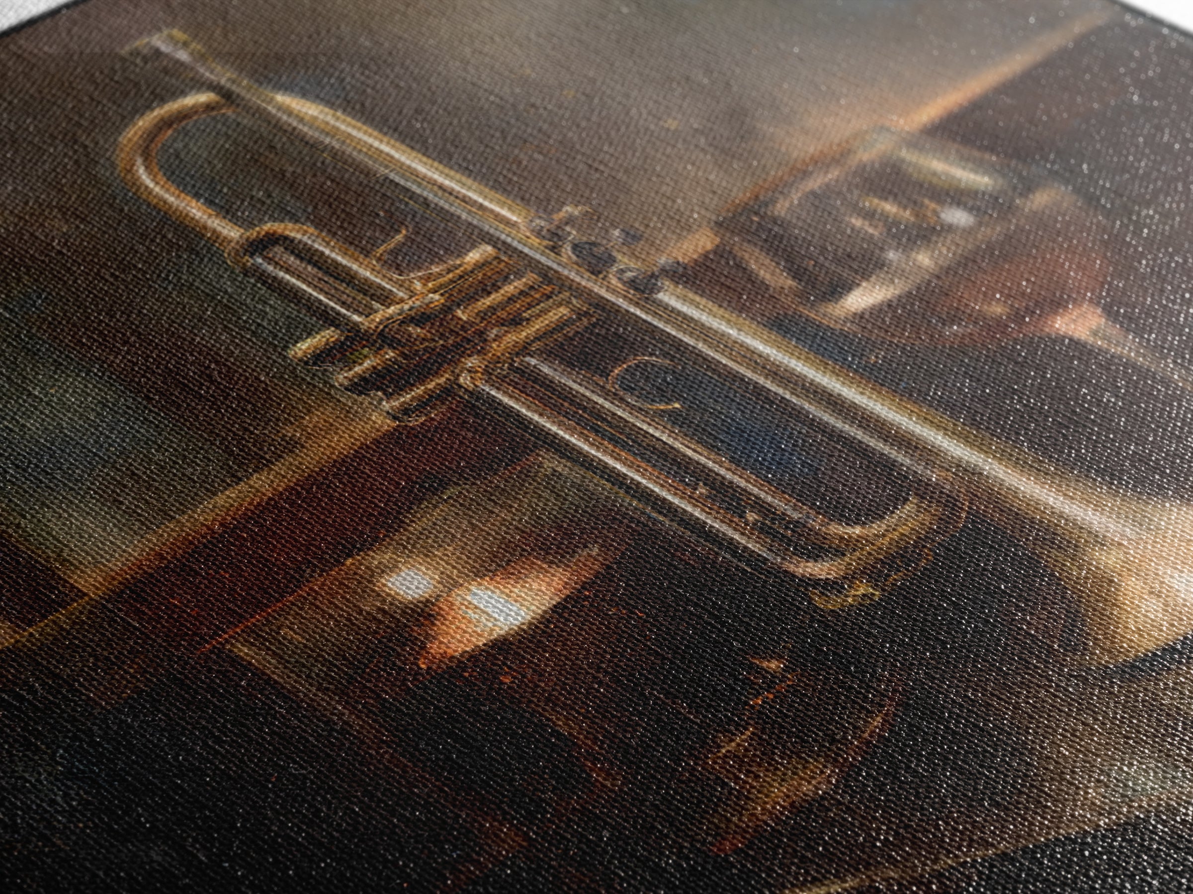 Moody Jazz Trumpet Beside a Half Full Framed Canvas Print, Bar Art, Coffee Bar, Bar Decor, Abstract Art, Room Decor, BAR-1x1-66