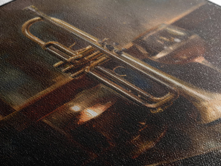 Moody Jazz Trumpet Beside a Half Full Framed Canvas Print, Bar Art, Coffee Bar, Bar Decor, Abstract Art, Room Decor, BAR-1x1-66
