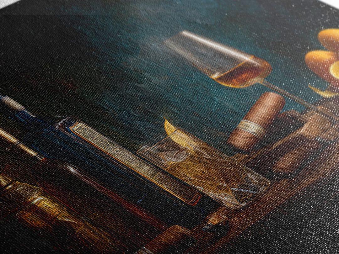 Dark Moody Cigar and Whiskey Still Life Framed Canvas Print, Bar Art, Bar Cart, Bar Decor, Watercolor Art, Kitchen Print, BAR-2x1-5