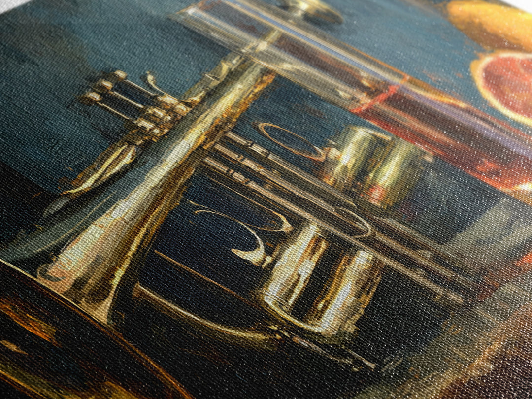 Moody Jazz Trumpet Beside a Half Full Framed Canvas Print, Bar Art, Kitchen Wall Decor, Bar Decor, Fine Art, BAR-3x1-58