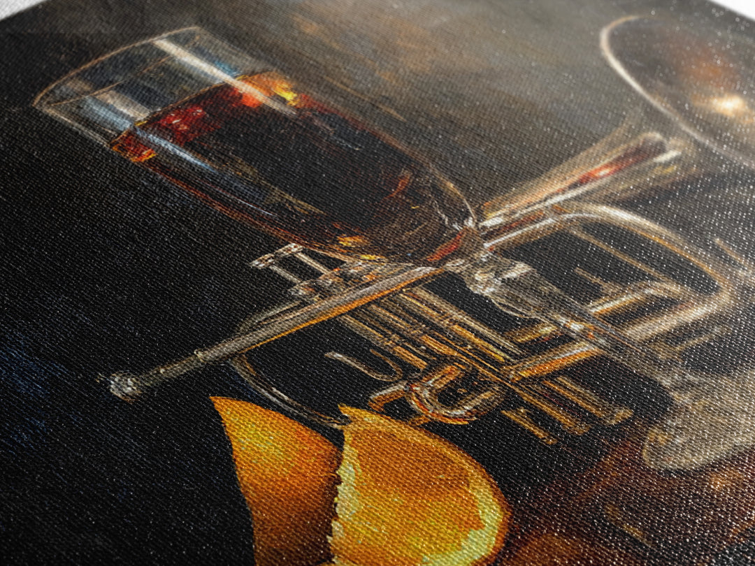 Moody Jazz Trumpet Beside a Half Full Framed Canvas Print, Bar Art, Bar Signs, Bar Decor, Fine Art, Modern Decor, BAR-3x2-70
