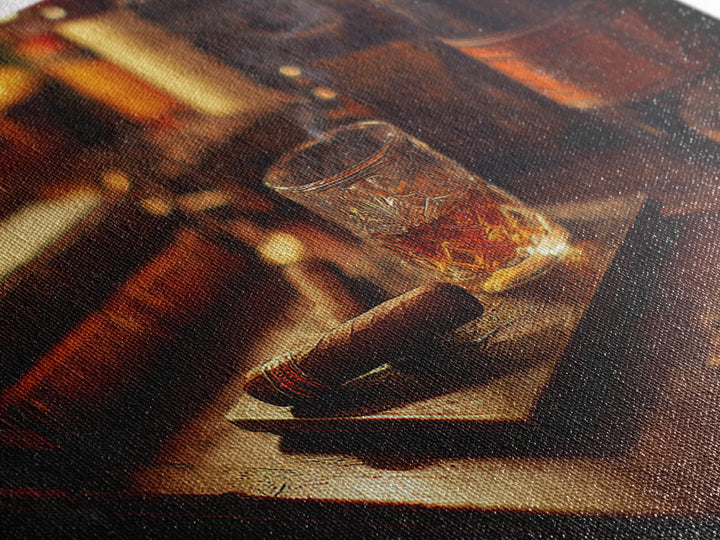Dark Moody Cigar and Whiskey Still Life Framed Canvas Print, Bar Art, Statement Artwork, Bar Decor, Fine Art, BAR-3x2-85