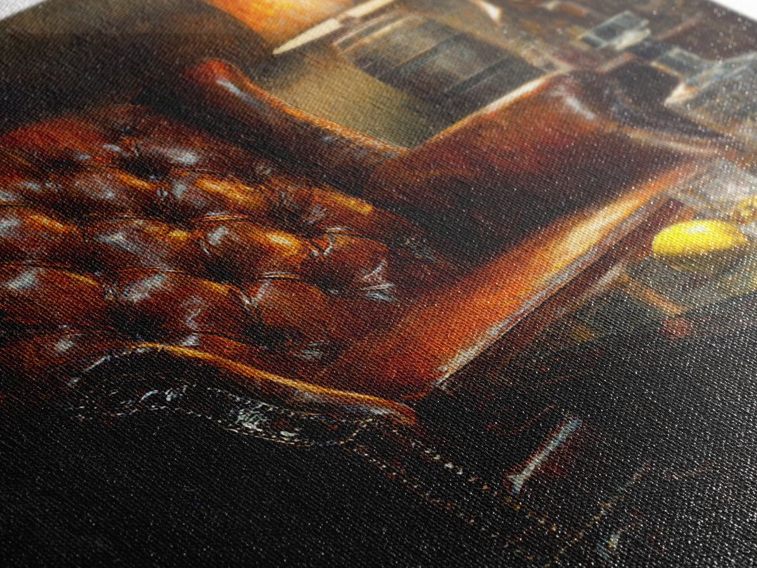 Whiskey Barrel and Leather Chair Mood Painting Canvas Print, Basement Art, Original Art Prints, Living Room Decor, Retreat, BAS-1x1-34