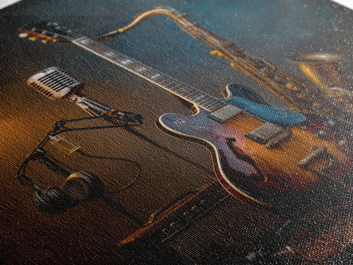 Classic Rock Guitar Still Life Framed Canvas Print, Basement Art, Fine Art Print, Living Room Decor, Fine Art, Retreat, BAS-1x1-53