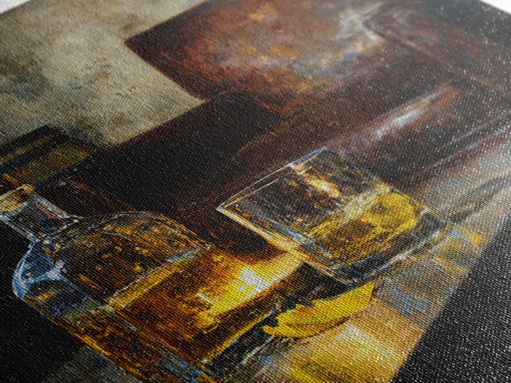 Whiskey Barrel and Leather Chair Mood Painting Canvas Print, Basement Art, Neutral Decor, Living Room Decor, Oil Painting, BAS-1x1-82