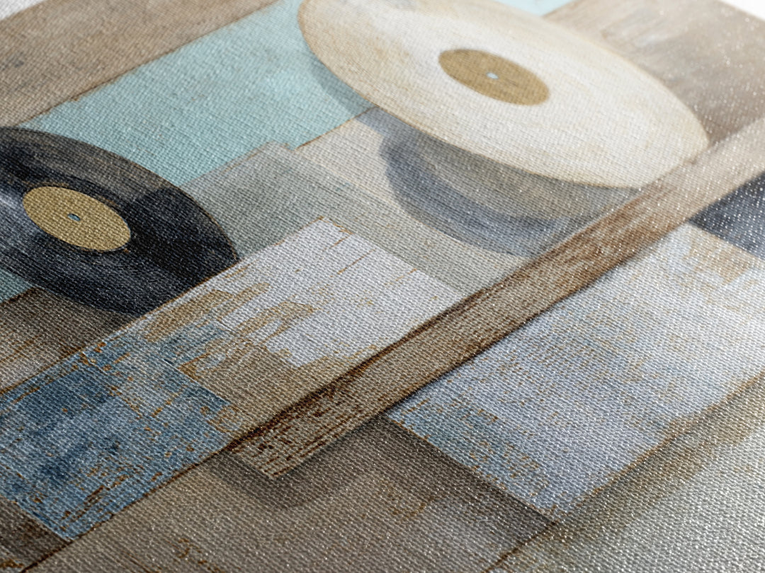 Vinyl Record and Headphones on Worn Wood Canvas Print, Basement Art, Classroom Decor, Living Room Decor, Oil Painting, Retreat, BAS-2x1-77
