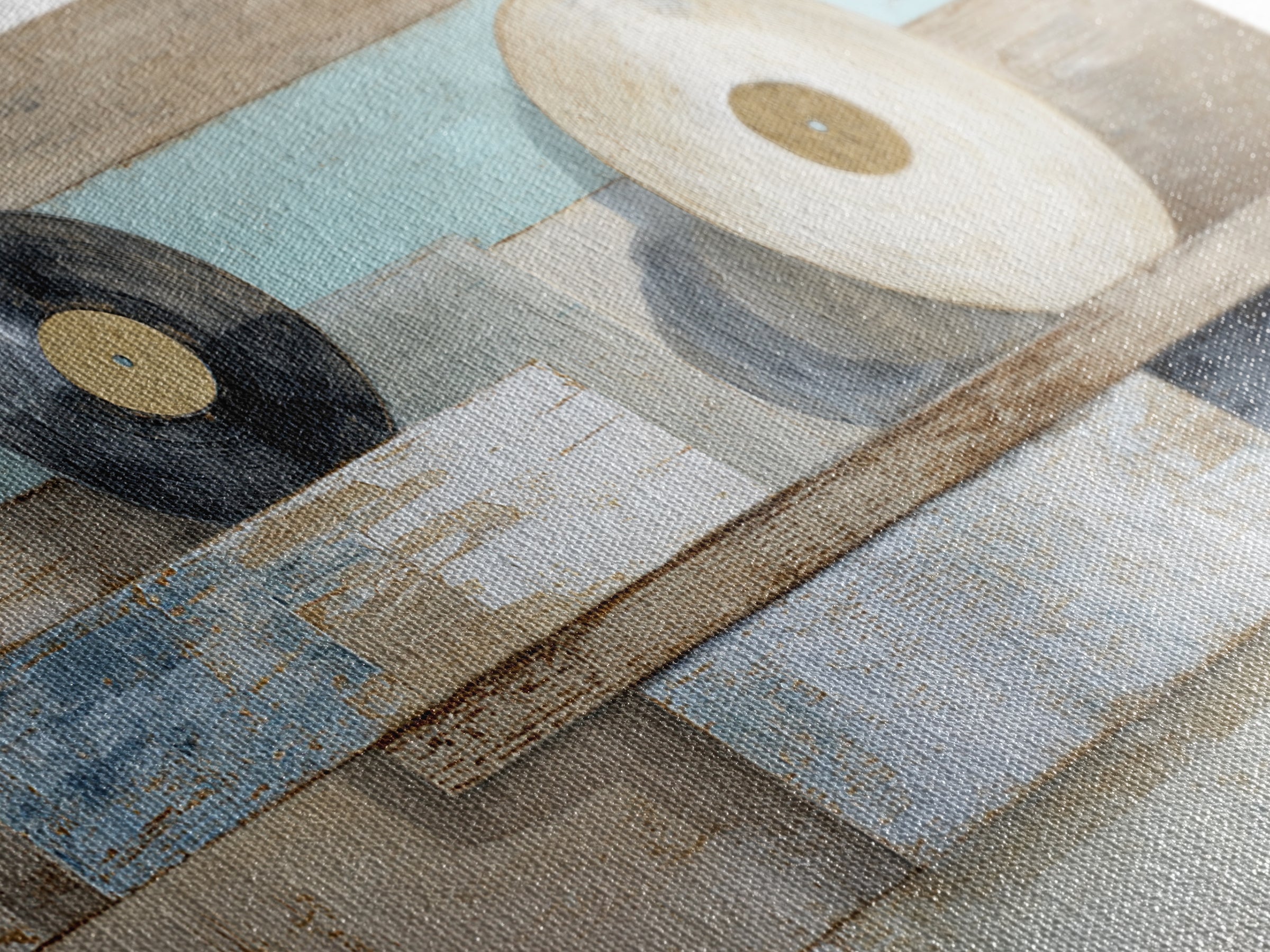 Vinyl Record and Headphones on Worn Wood Canvas Print, Basement Art, Classroom Decor, Living Room Decor, Oil Painting, Retreat, BAS-2x1-77